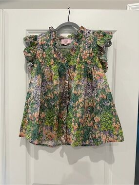 Uniqlo Green Floral Ruffle-Sleeve Girls Top